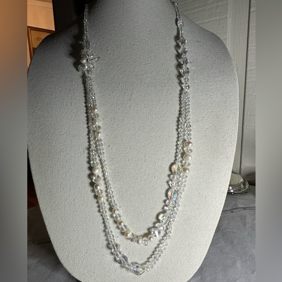 Gorgeous long Aurora Borealis crystal pearl necklace 925 - Picture 1 of 6